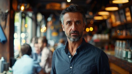 Obraz premium A focused portrait of a Hispanic man standing in a contemporary cafe, embodying confidence, sophistication, and the vibrant energy of a modern coffeehouse setting