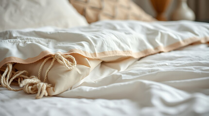 Calming Bedroom: Soft White Bedding, Cozy and Serene Atmosphere. Experience ultimate comfort and relaxation in this minimalist bedroom setting.