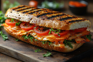 Grilled sandwich with tomato and arugula on rustic wood