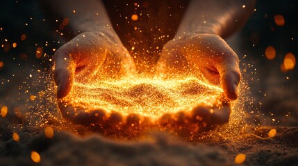 Hands holding fiery glowing particles