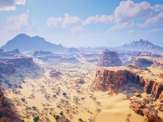 Vast arid desert landscape with rocky mesas under a blue sky with clouds