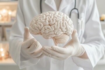 Doctor Holding a Brain Model in a Clinical Setting With Medical Instruments in a Blurred Background