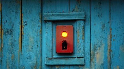 Vintage red light switch on a blue wooden wall, showcasing rustic charm and vibrant color contrast