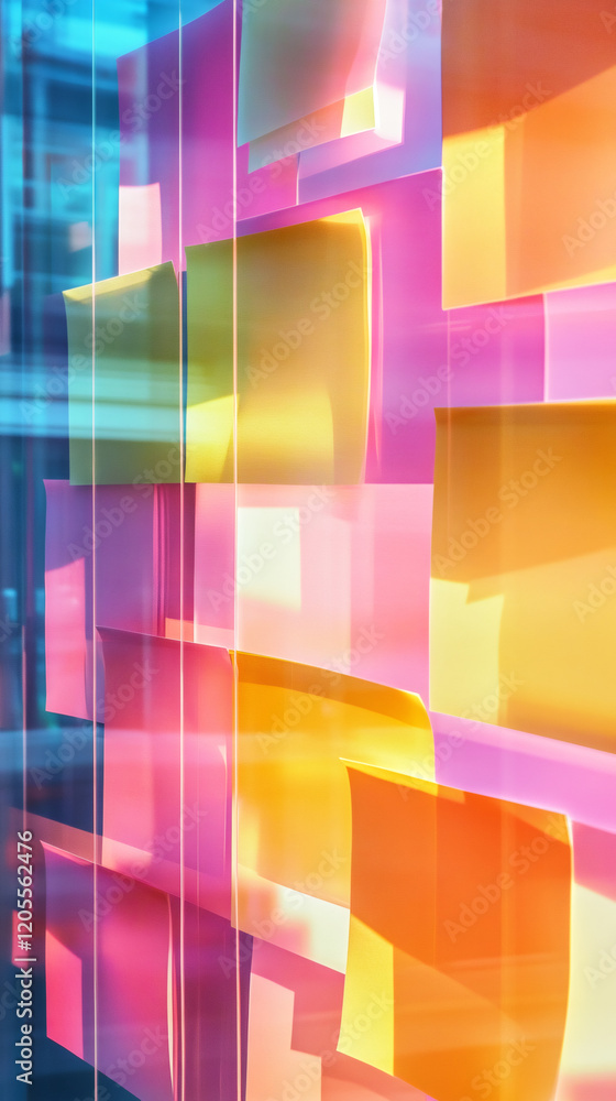 Poster colorful sticky notes overlapping on transparent glass surface, creating dynamic geometric arrangeme