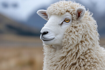 Obraz premium A Fluffy White Sheep Profile Against A Blurred Background