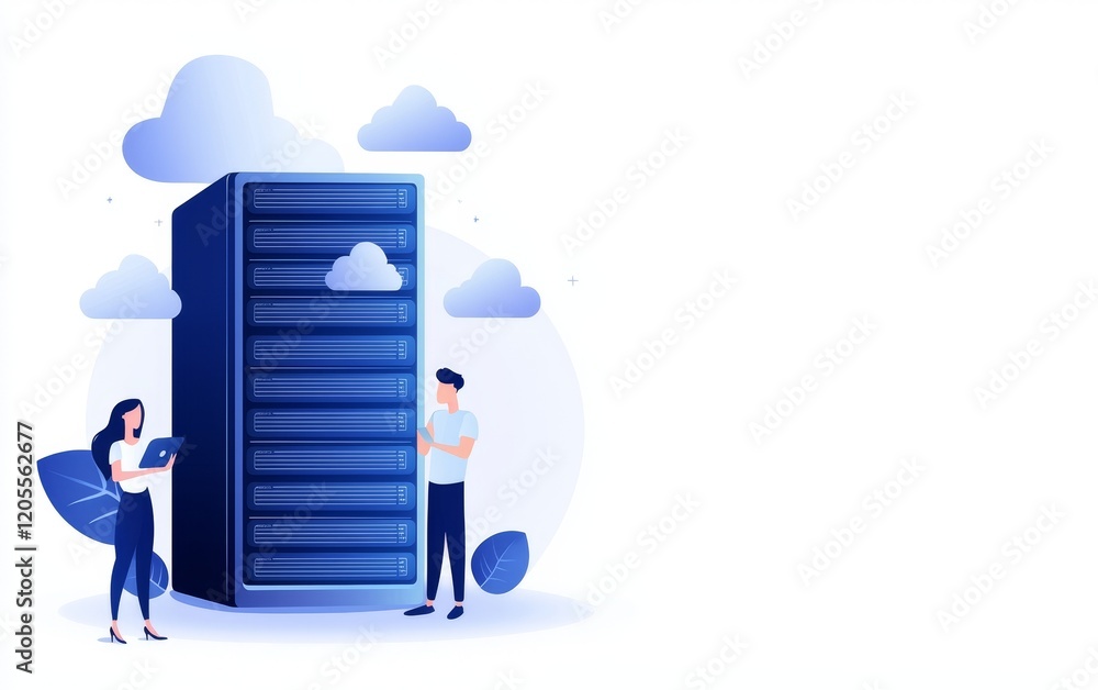 Poster a digital illustration featuring a server and two people, symbolizing cloud computing and data manag