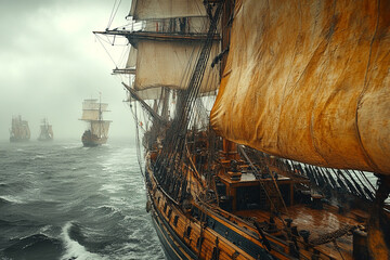 Tall Ships Sailing Through Stormy Seas