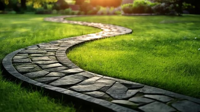 Curved stone pathway winding through lush green grass in a serene garden at sunset