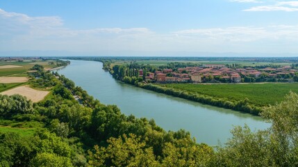 Fototapeta premium Scenic view of a river flowing through the countryside with a small village