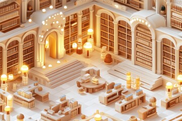 Cozy Isometric Library Interior Featuring Warm Sepia Tones, Bookshelves, and Reading Spaces Designed in a Cartoon Style