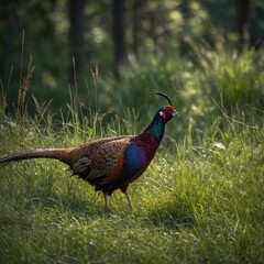 A colorful side-view of a pheasant standing in tall grass, with a blurred forest backdrop.