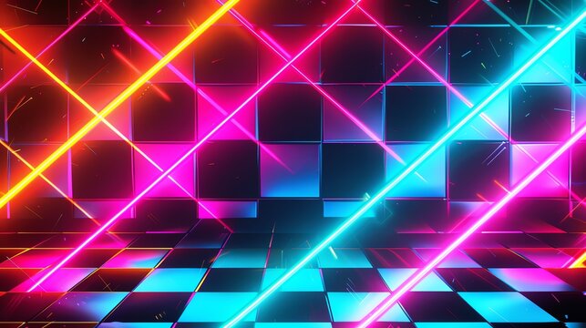 A retro-futuristic checkerboard floor with colorful neon lights. - Powered by Adobe