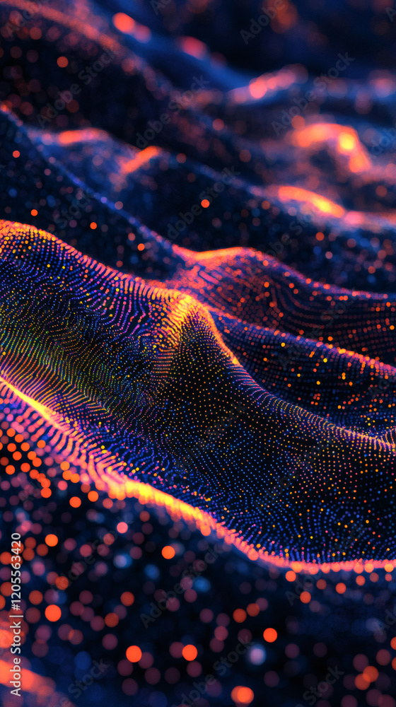 Poster abstract colorful particle wave flowing on dark background, concept of big data, computer science an