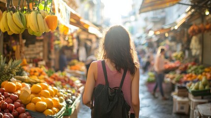 Obraz premium A traveler exploring a bustling marketplace in a foreign city, Cultural immersion theme, Energetic style