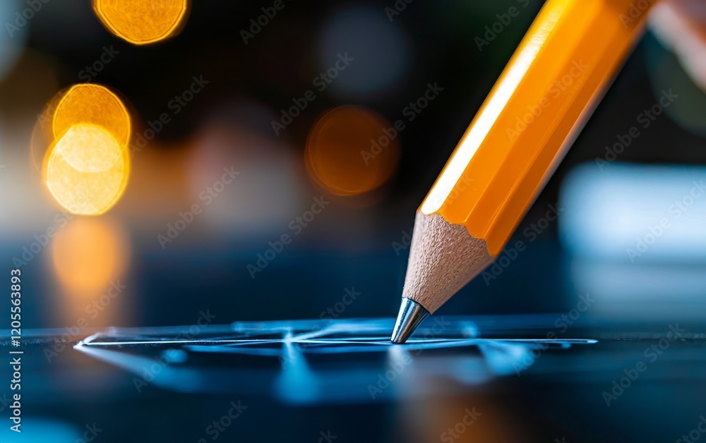 Poster a close-up of a pencil drawing on a surface, with a soft bokeh background, highlighting creativity a