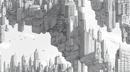Fototapeta premium Futuristic Cityscape Sketch Showing Floating Architectural Structures