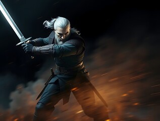 Naklejka premium A dynamic warrior in motion, brandishing a sword amid swirling smoke and sparks, ready for combat.