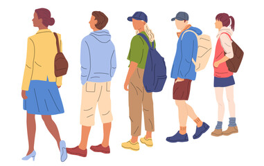 Obraz premium Group men and women walking with backpacks, back view, profile, different colors, cartoon character, silhouettes people, vacation clothes; flat icon design concept, vector, isolated on white