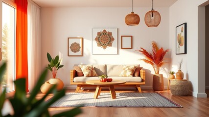 Nomadic Living Room Mockup - Cozy Bench & Decor