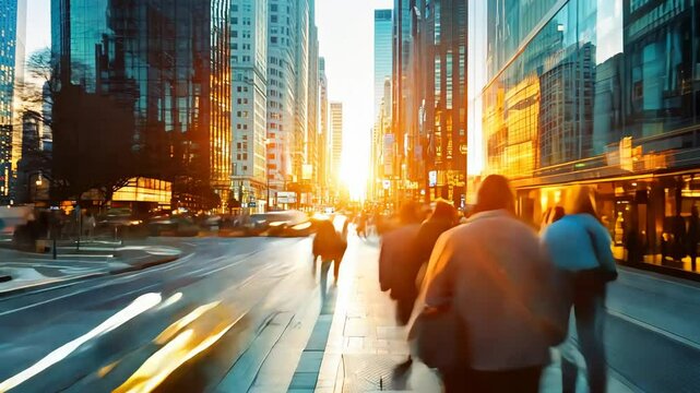Urban Sunset Stroll: A vibrant city street bathed in the golden hues of a setting sun, as pedestrians stroll through the bustling urban landscape. The sun's rays cast long shadows.