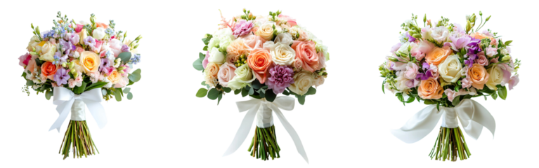 Collection of bridal bouquets with vibrant pastel flowers tied with white satin ribbons isolated on a white or transparent background.