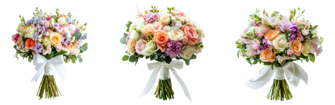 Collection of bridal bouquets with vibrant pastel flowers tied with white satin ribbons isolated on a white or transparent background.