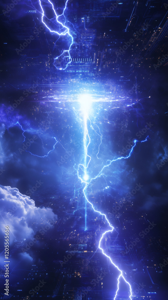 Poster powerful lightning is hitting futuristic city with integrated circuit in the sky, creating a dramati