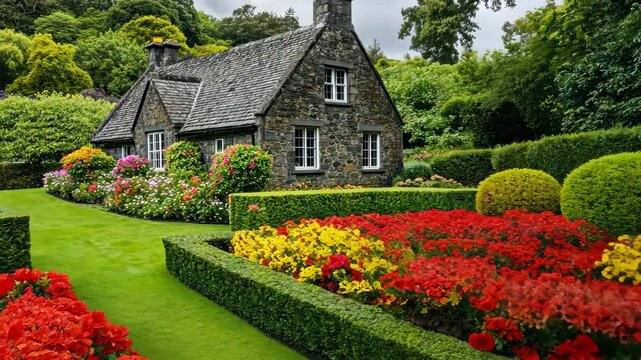 Stone Cottage Garden Oasis: A charming stone cottage nestled amongst lush greenery,  its manicured garden bursting with a riot of color, creating an idyllic retreat for the soul.  