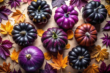 Fototapeta premium Purple Black Halloween Pumpkins Fall Leaves Flat Lay