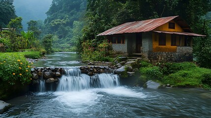 Peaceful cottage by a misty waterfall, nestled in lush mountains. A serene escape. Green Energy Modern Architecture of a Mircro hydro powered installation