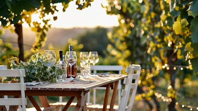 Sunset Vineyard Dinner:  A romantic dinner setting under the warm glow of the setting sun amidst a picturesque vineyard. A rustic wooden table is laid with white linens and elegant glassware.