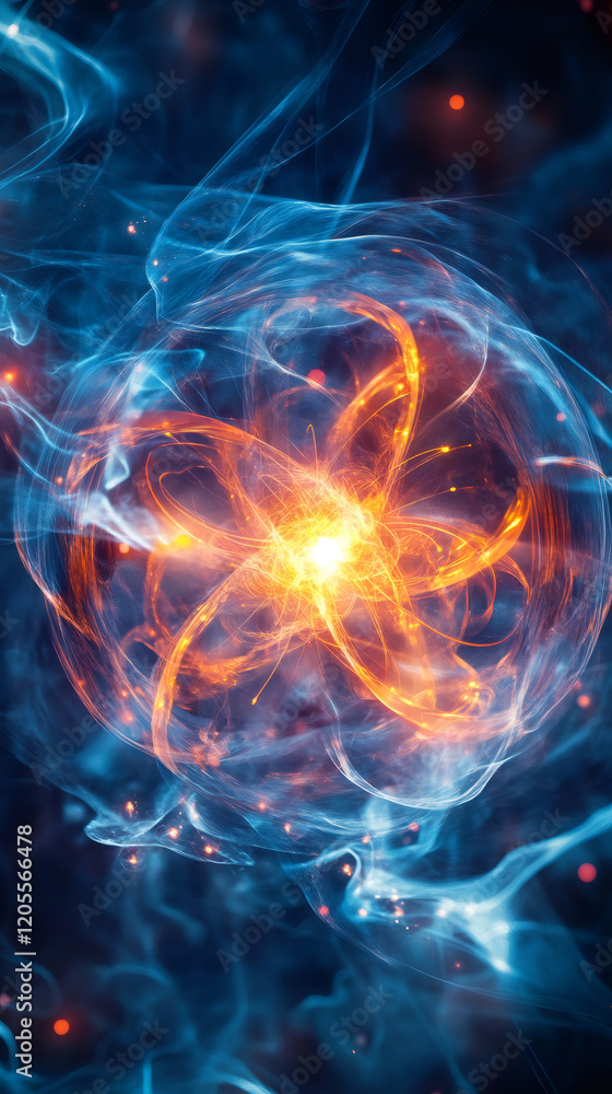 Poster Luminous orange and blue light streaks weaving through energetic particles, revealing atomic dynamism with vivid, pulsating radiance