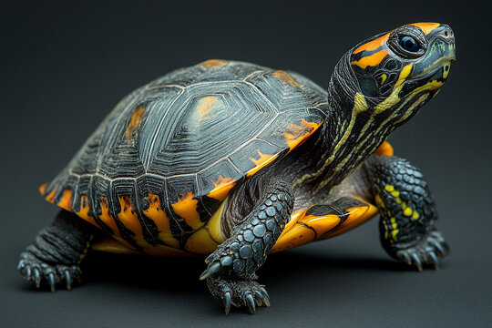 Yellow edged black turtle shell reptile close up