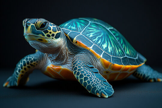 A vibrant sea turtle showcases its beautiful shell