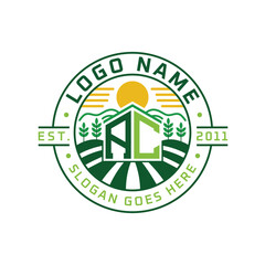 Modern Farmhouse AC Logo Design. Letter AC Agriculture Logo with Sun, Field, and Nature Elements