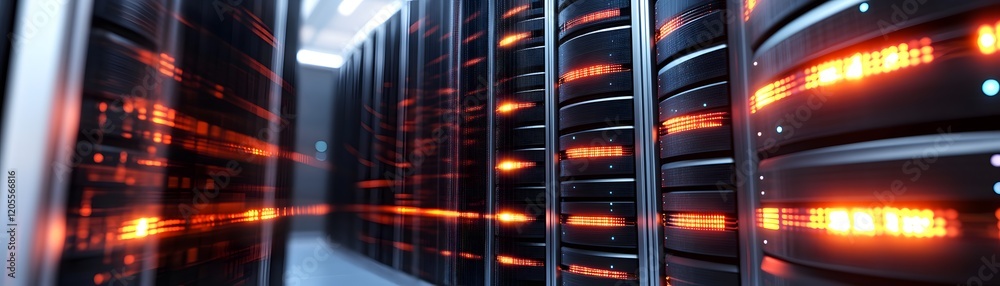 Poster a close-up view of modern server racks in a data center, showcasing advanced technology and powerful