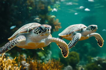 Two sea turtles swim gracefully in a coral reef
