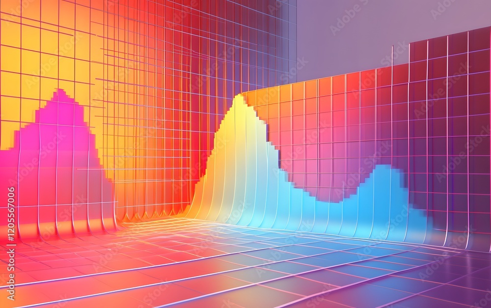 Poster a colorful 3d data visualization display showcasing vibrant peaks and valleys on a grid background, 