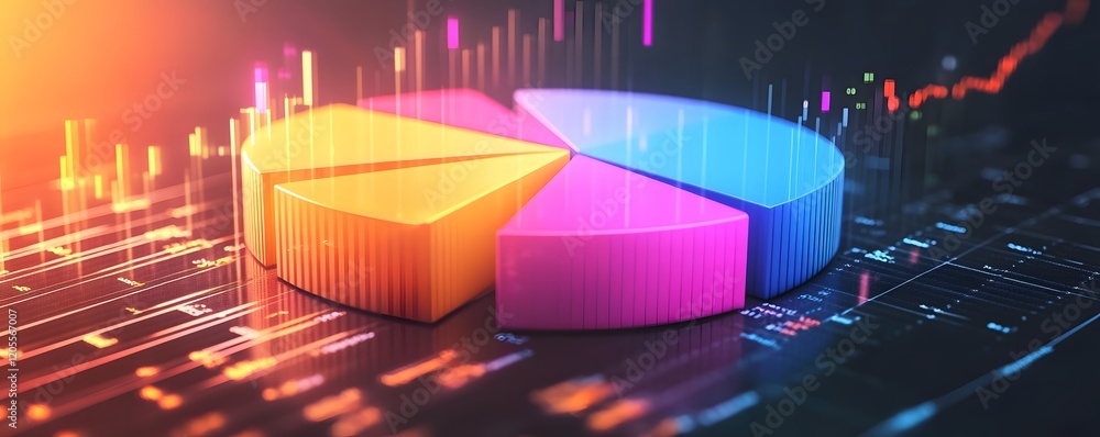 Poster a colorful pie chart surrounded by digital data, representing analysis and statistics. ideal for sho