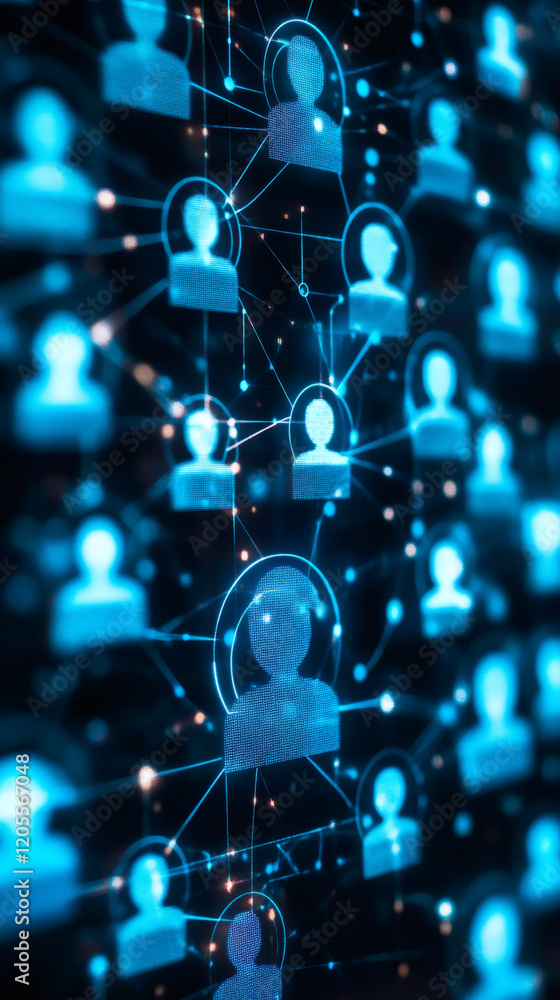 Poster digital network showing interconnected glowing user profiles representing global social media connec