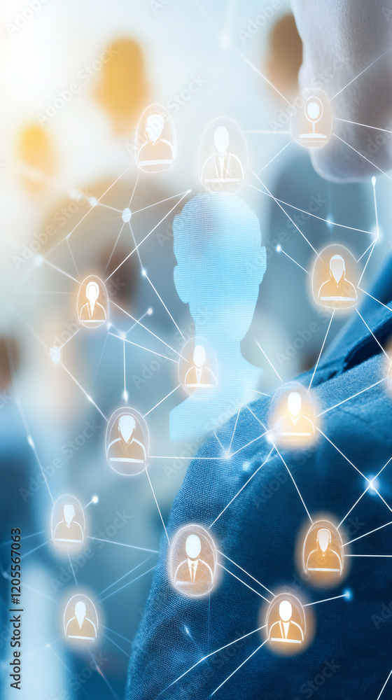 Poster businessman managing human resources using a futuristic interface with a global network of contacts