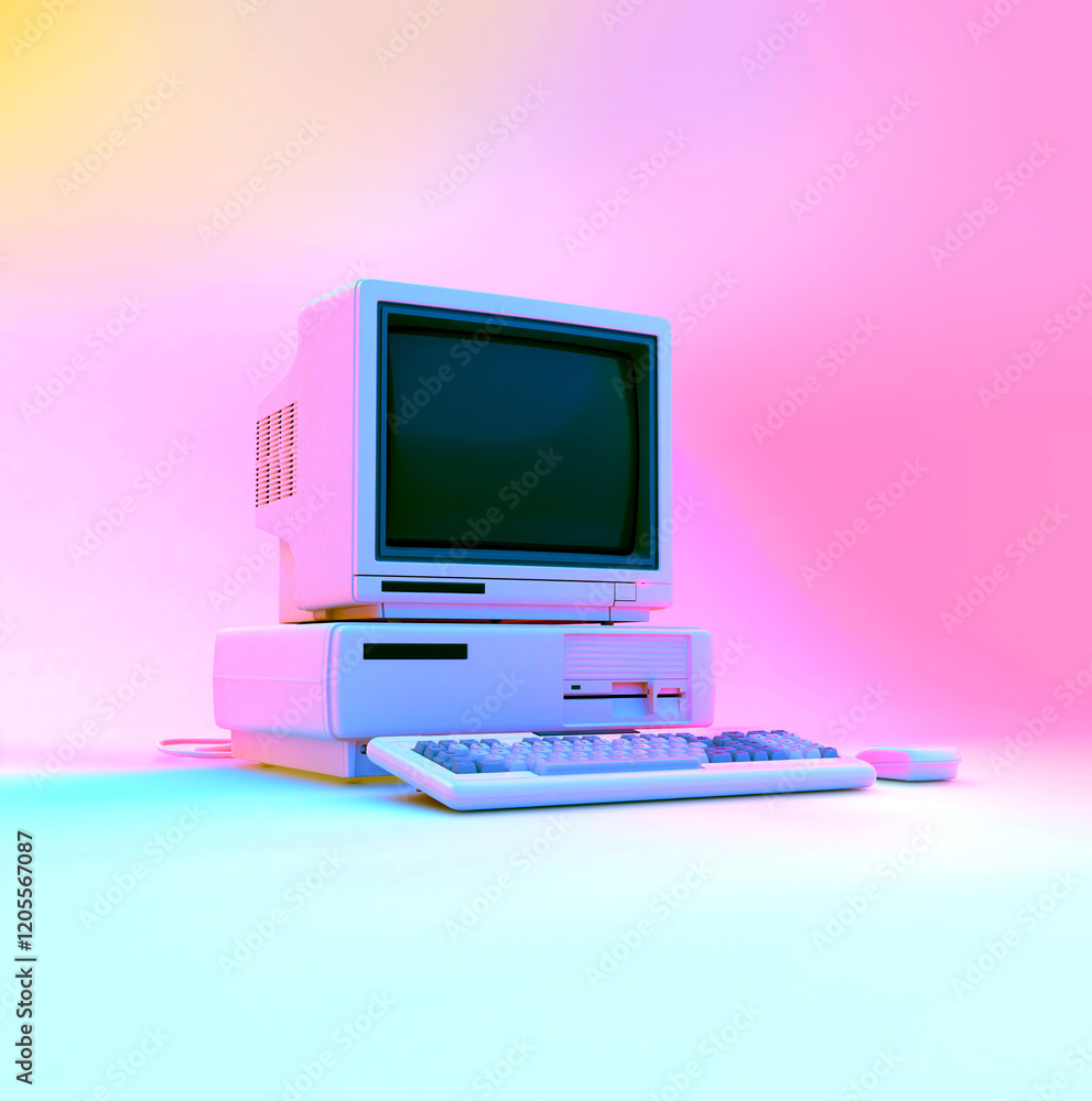 Poster retro desktop pc with empty screen in pastel neon lighting. 3d rendering.