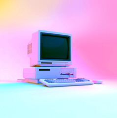 Retro Desktop PC with Empty Screen in Pastel Neon Lighting. 3D Rendering.