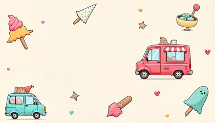Naklejka premium Playful ice cream trucks and treats pattern on soft background for cheerful designs