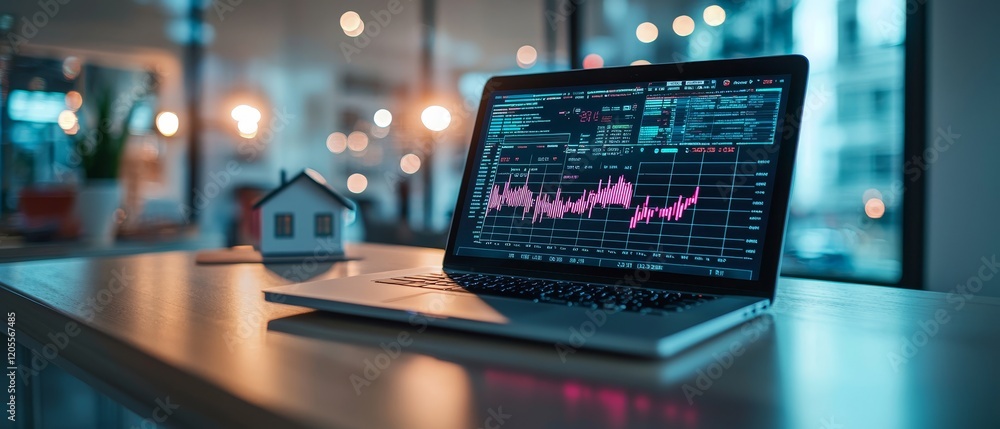 Poster a laptop displaying financial data sits on a table near a small house model, with soft lighting crea