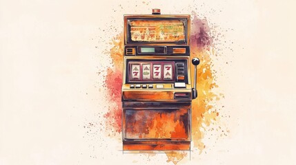 A vintage slot machine stands prominently, adorned with classic fruit symbols and lucky sevens. The vibrant colors and artistic design create a playful atmosphere reminiscent of casinos