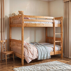 The image shows a cozy bedroom with a wooden bunk bed featuring a ladder on the right side. The top bunk is adorned with a beige pillow and two teddy bears, while the bottom bunk has a pink comforter 