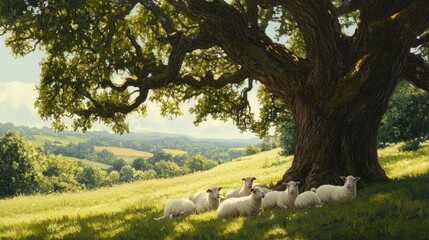Fototapeta premium Peaceful Sheep Resting Under Large Tree in Serene Countryside