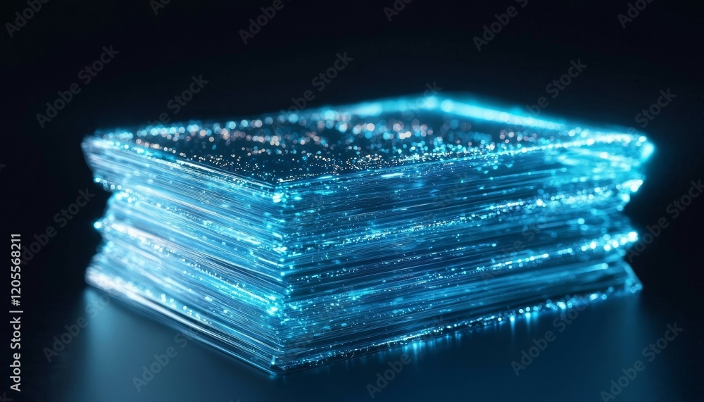 Aufkleber a glowing stack of translucent sheets emitting a blue light, creating a futuristic and digital aesth
