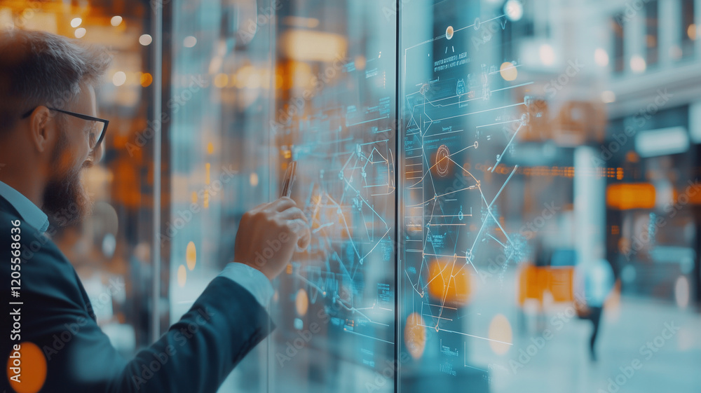 Poster businessman interacting with digital interface, analyzing data and trends in modern office environme